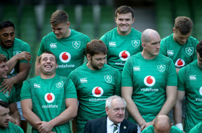 Bundee Aki, Garry Ringrose, Jacob Stockdale, Josh van der Flier, Jordi Murphy, CJ Stander, Iain Henderson, Devin Toner and Cian Healy with Ian McIlrath before the team photo