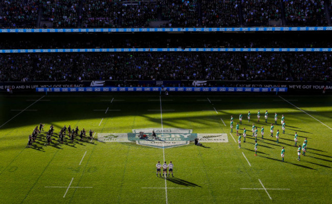 Ireland team face the Haka in a shape of eight in memory of Anthony Foley of Munster