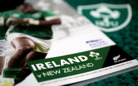 A view of the match programme and Ireland jersey in the Ireland dressing room ahead of the game