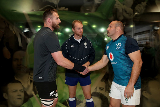 Kieran Read, Wayne Barnes and Rory Best during the coin toss