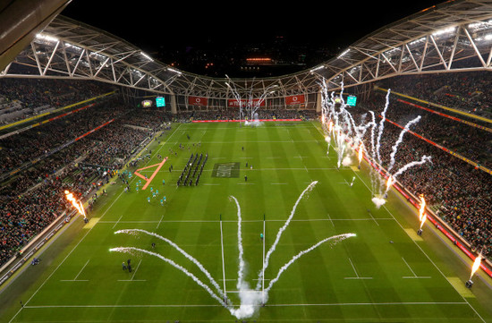 The two teams on the pitch before the game