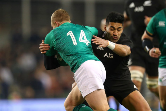 Keith Earls tackled by Rieko Ioane