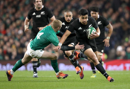 Rieko Ioane tackled by Keith Earls