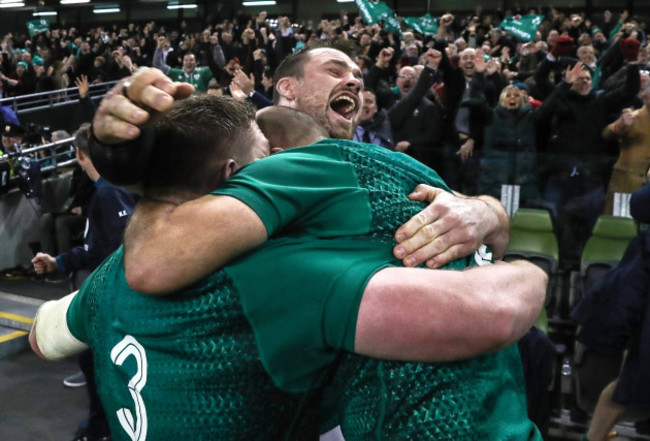 Cian Healy, Tadhg Furlong and Rory Best celebrate winning