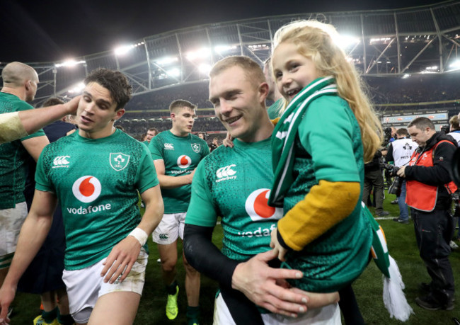 Joey Carbery celebrates winning with Keith Earls and his daughter Ellie May