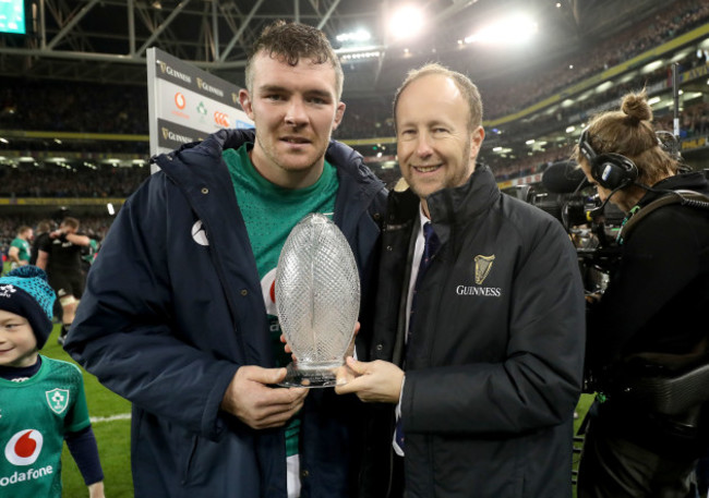 Peter O'Mahony is presented with the Man of the Match award by Rory Sheridan