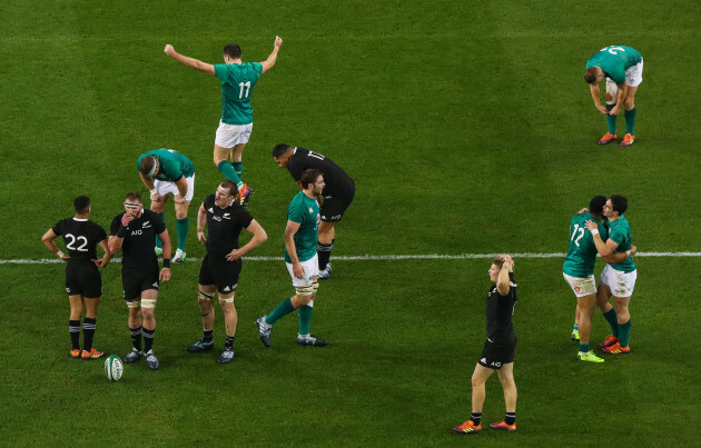 Bundee Aki, Iain Henderson and Sean Cronin, Jordan Larmour, Jacob Stockdale and Joey Carbery celebrate at the final whistle