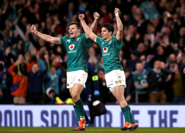 Jacob Stockdale and Joey Carbery celebrate at the final whistle