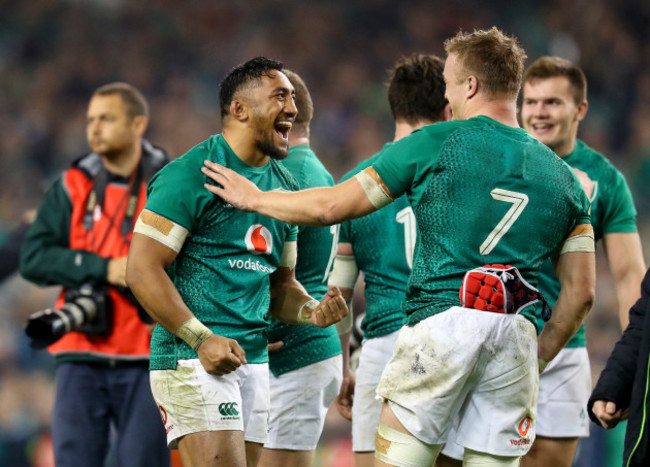 Bundee Aki and Josh van der Flier celebrate after the game