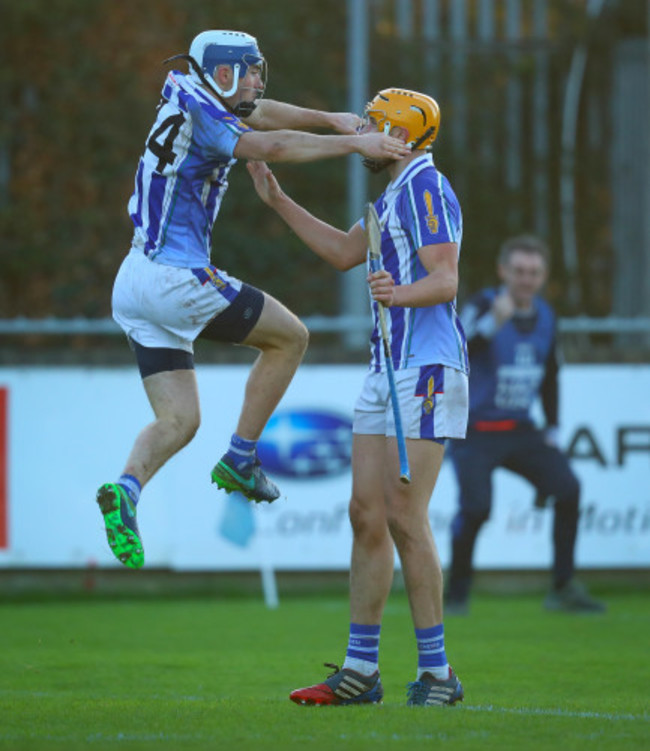 Collie Basquel celebrates a goal with Conor Dooley