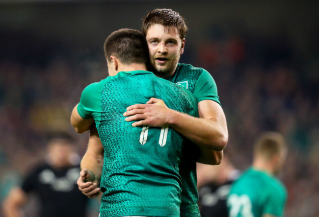 Iain Henderson and Jacob Stockdale embrace after the game