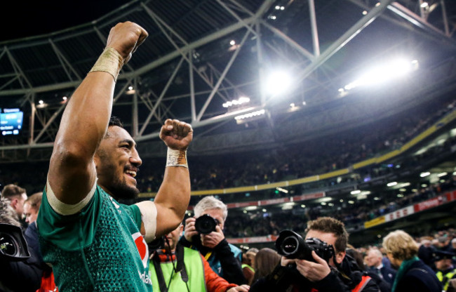 Bundee Aki celebrates after the game