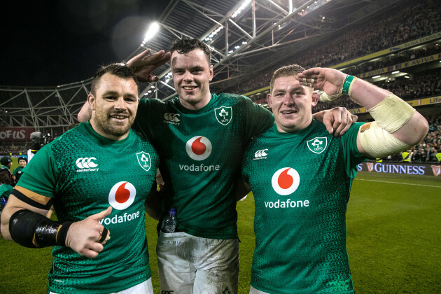 Cian Healy, James Ryan and Tadhg Furlong celebrate winning