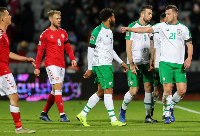 Cyrus Christie, Shane Duffy and Kevin Long leave the pitch at half time