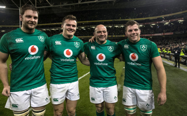 Iain Henderson, Jacob Stockdale, Rory Best and Jordi Murphy celebrate winning