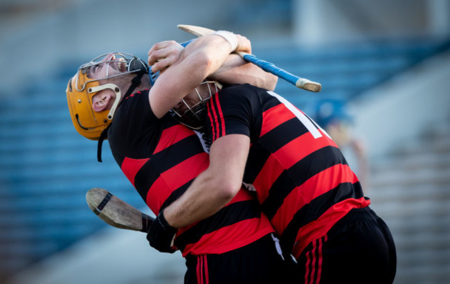 Wayne Hutchinson celebrates the final whistle with Barry O'Sullivan