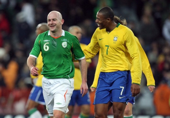 Lee Carsley shares a joke with Julio Baptista