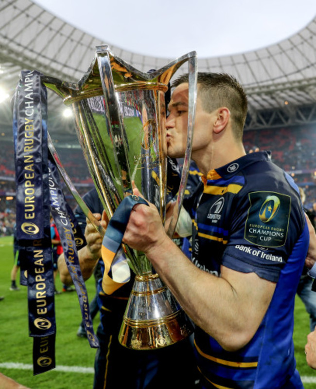 Jonathan Sexton celebrates with the European Rugby Champions Cup trophy