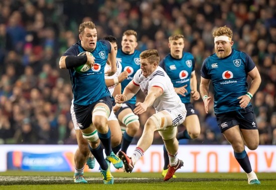 Rhys Ruddock makes an early break for Andrew Conway's try