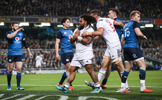 Joe Taufete'e celebrates scoring a try