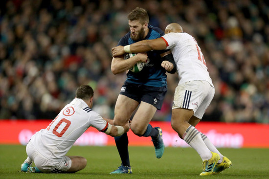 Will Magie and Paul Lasike tackle Stuart McCloskey