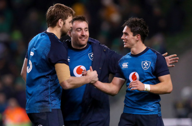 Iain Henderson, Niall Scannell and Joey Carbery celebrate after the game