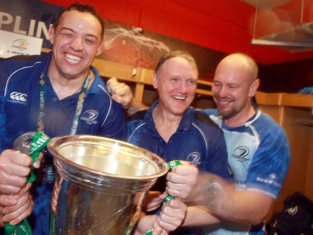 Jono Gibbes, Joe Schmidt and Greg Feek celebrate with the Heineken cup