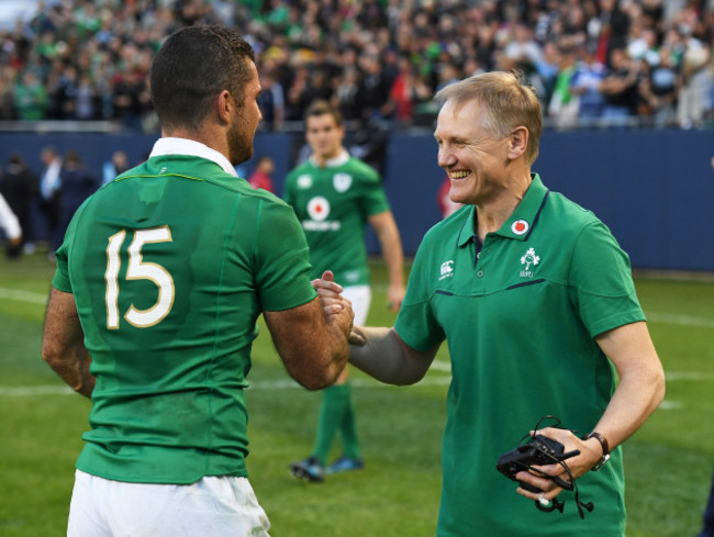 Joe Schmidt celebrates winning with Rob Kearney