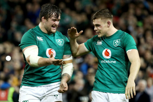 Andrew Porter and Garry Ringrose celebrate after the game