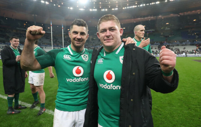 Rob Kearney and Tadhg Furlong celebrate winning