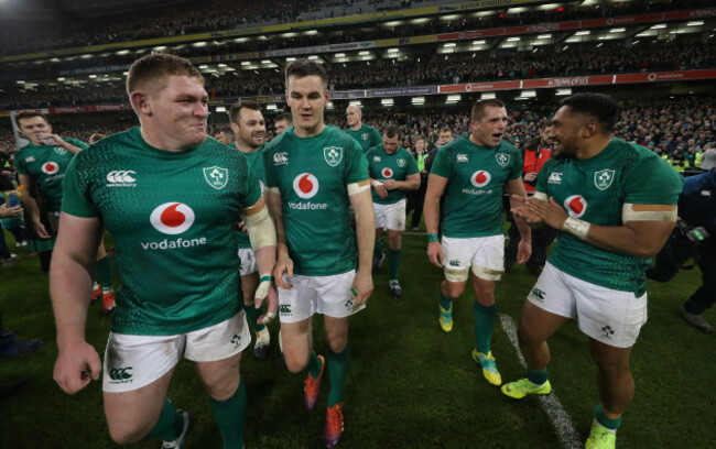 Ireland’s Tadhg Furlong Jonathan Sexton CJ Stander and Bundee Aki celebrate  after the game