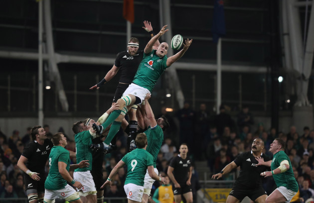 Ireland’s Devin Toner wins a lineout from New Zealand's Kieran Read