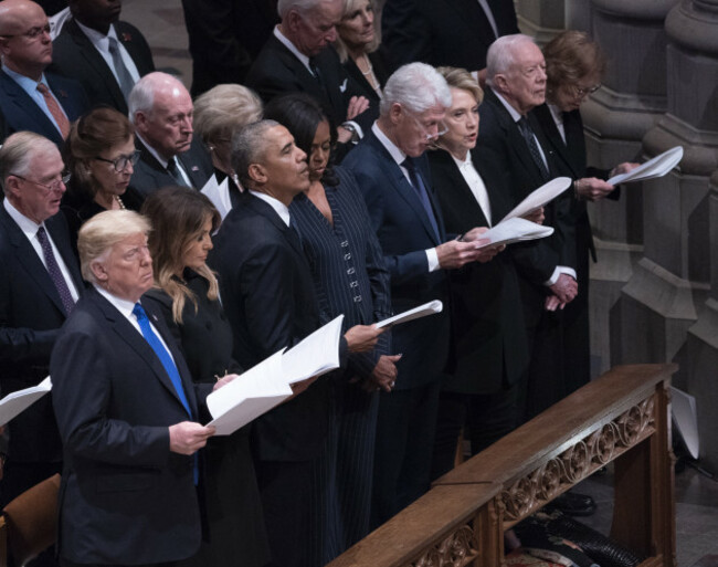 United States President Donald J. Trump and First Lady Melania Trump attend the state funeral service of former President George W. Bush at the National Cathedral.