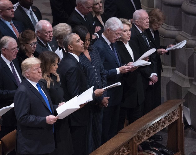 United States President Donald J. Trump and First Lady Melania Trump attend the state funeral service of former President George W. Bush at the National Cathedral.