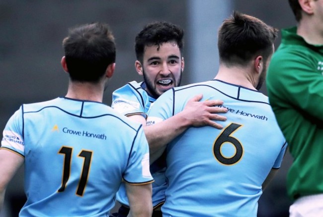 Patrick Patterson celebrates scoring a try with Ronan Foley and Tom Fletcher