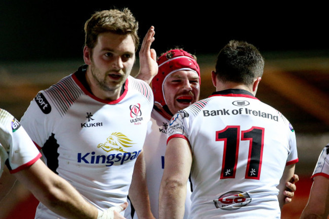 Jacob Stockdale celebrates his try with Eric O'Sullivan