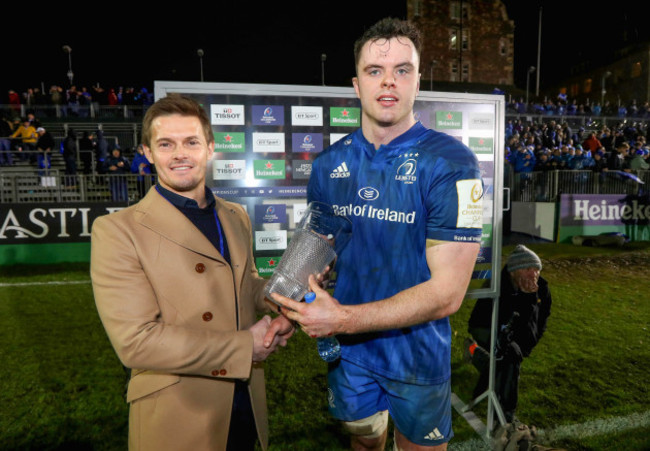 James Ryan is presented with his man of the match award by Scott Marshall