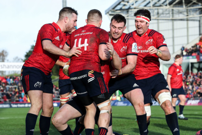 Rory Scannell celebrates scoring his sides first try with JJ Hanrahan, Andrew Conway, Niall Scannell and Billy Holland