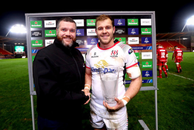 Will Addison is presented the Heineken man of the match award by Richard Taylor