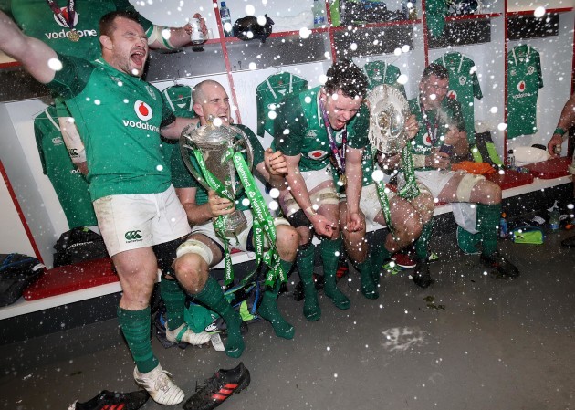 Cian Healy, Devin Toner, James Ryan and Peter O'Mahony celebrate winning