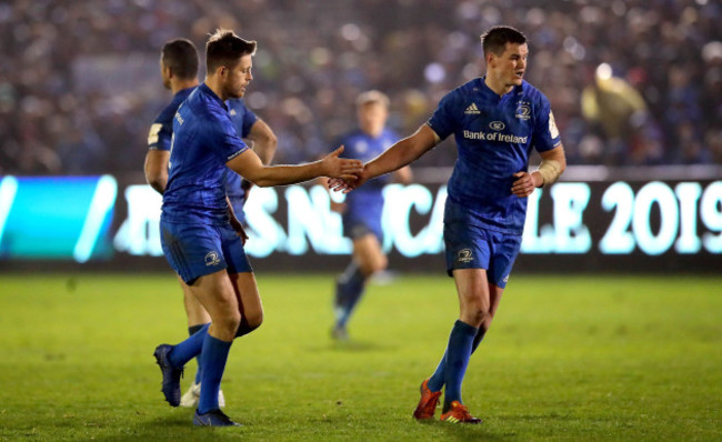 Ross Byrne celebrates scoring a late penalty with Johnny Sexton