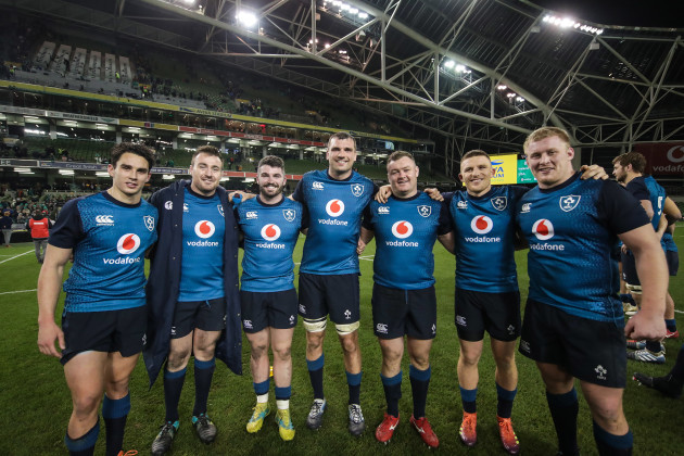 Ireland’s Munster players Joey Carbery, Niall Scannell, Sam Arnold, Tadhg Beirne, Dave Kilcoyne, Andrew Conway and John Ryan after the match