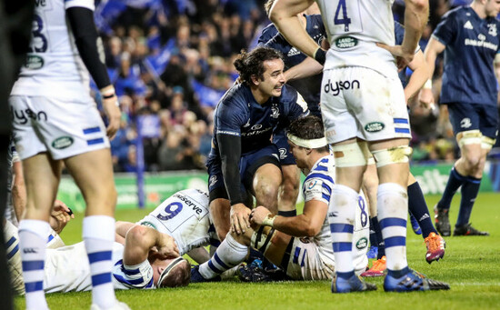 James Lowe celebrates scoring a try