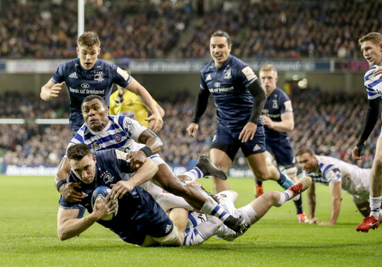 Jack Conan scores a try under pressure from Semesa Rokoduguni and Will Chudley