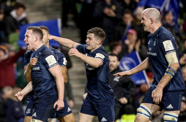 Rory O’Loughlin celebrates scoring a try with Adam Byrne, Luke McGrath and Devin Toner