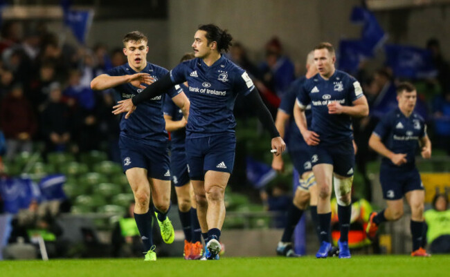 James Lowe celebrates scoring a try with Garry Ringrose