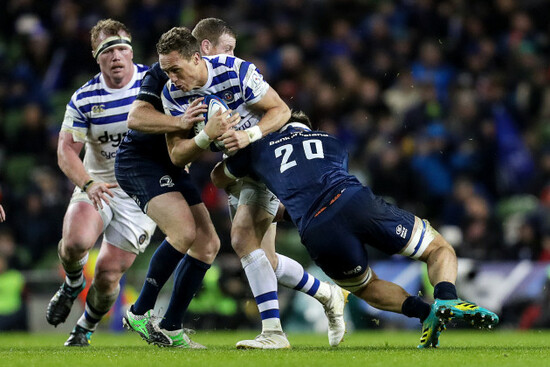 James Wilson tackled by Sean Cronin and Rhys Ruddock