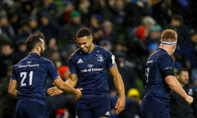 Jamison Gibson-Park celebrates scoring a try with Adam Byrne