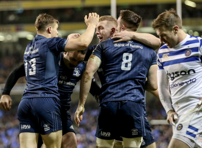 Jack Conan celebrates scoring a try with Garry Ringrose, James Lowe and Dan Leavy