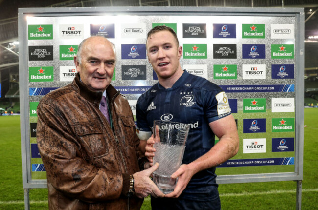 Rory O’Loughlin is presented with the man of the match award by Pat Maher